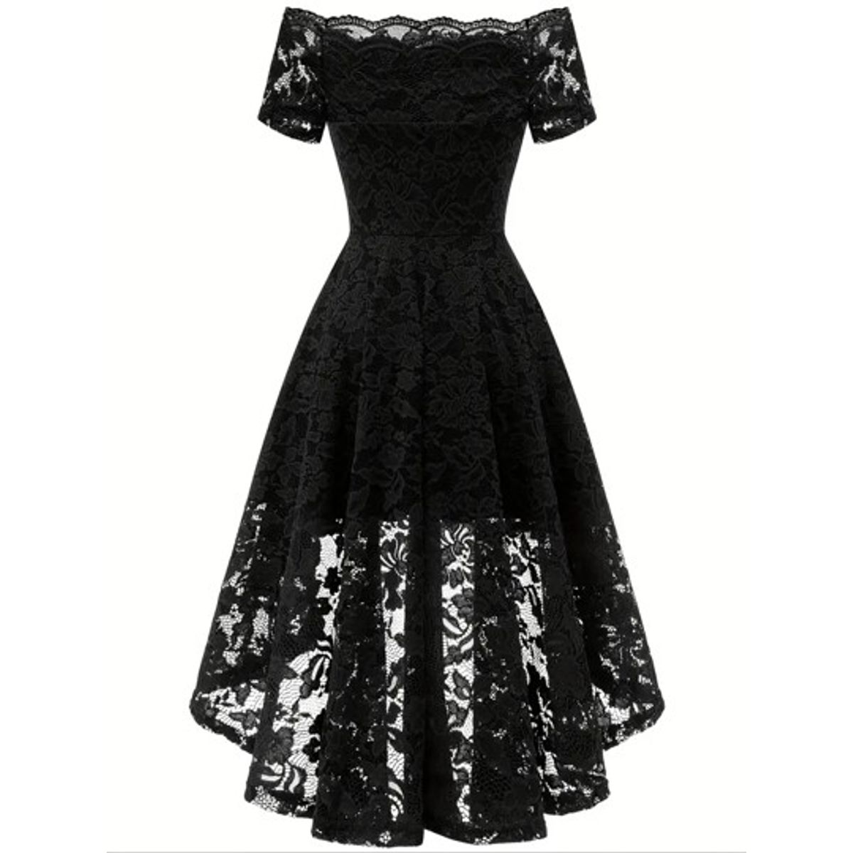 GENERICO - Vestido Modelo Hombros Libres Manga Corta de encaje Falda Mullet