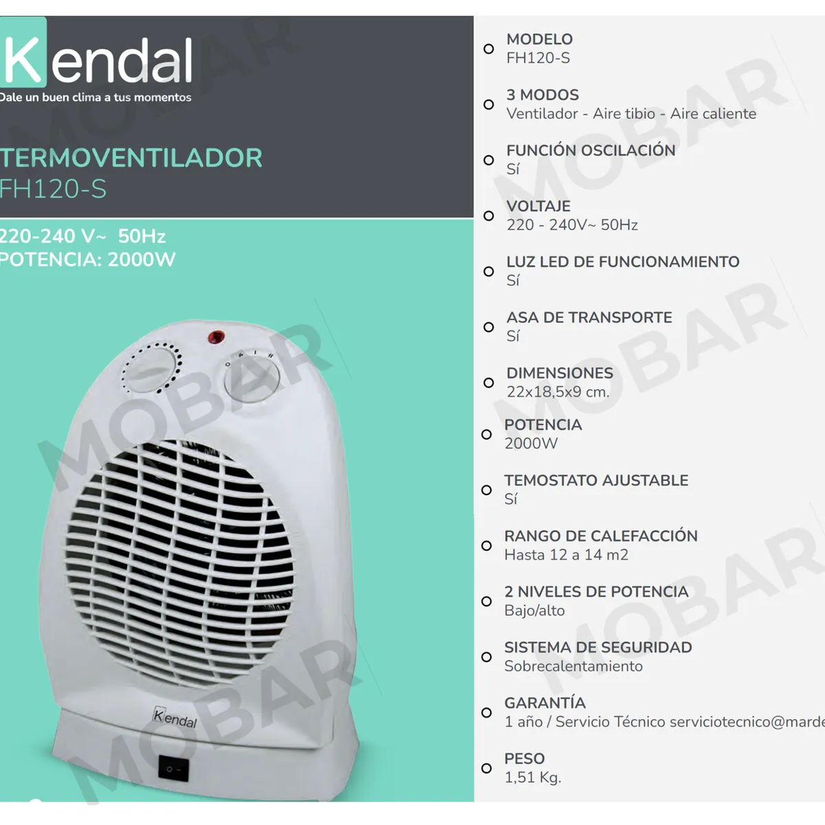 KENDAL - Calefactor Electrico Termoventilador Oscilante Estufa Kendal Fh-120S