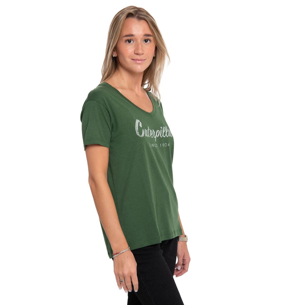 CAT - Polera Manga Corta Mujer Script V-Neck Tee Gris CAT