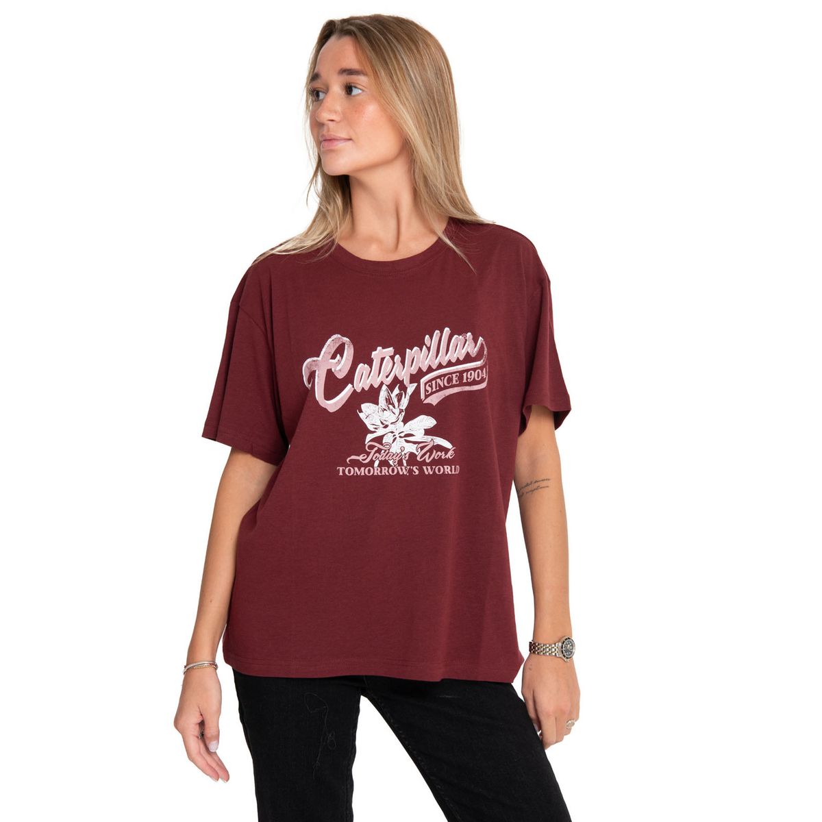 CAT - Polera Manga Corta Mujer Oversized Graphic Rojo CAT