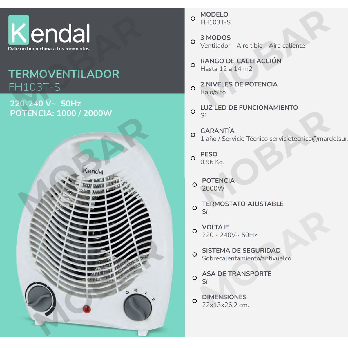 KENDAL - Calefactor Electrico Termoventilador Estufa Kendal FH-103TS 15m2 2000w