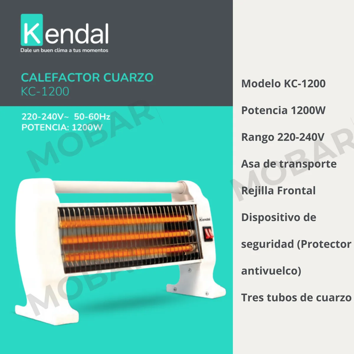 KENDAL - Estufa Electrica Infraroja Calefactor Bajo Consumo Kendal Kc-1200 20m2