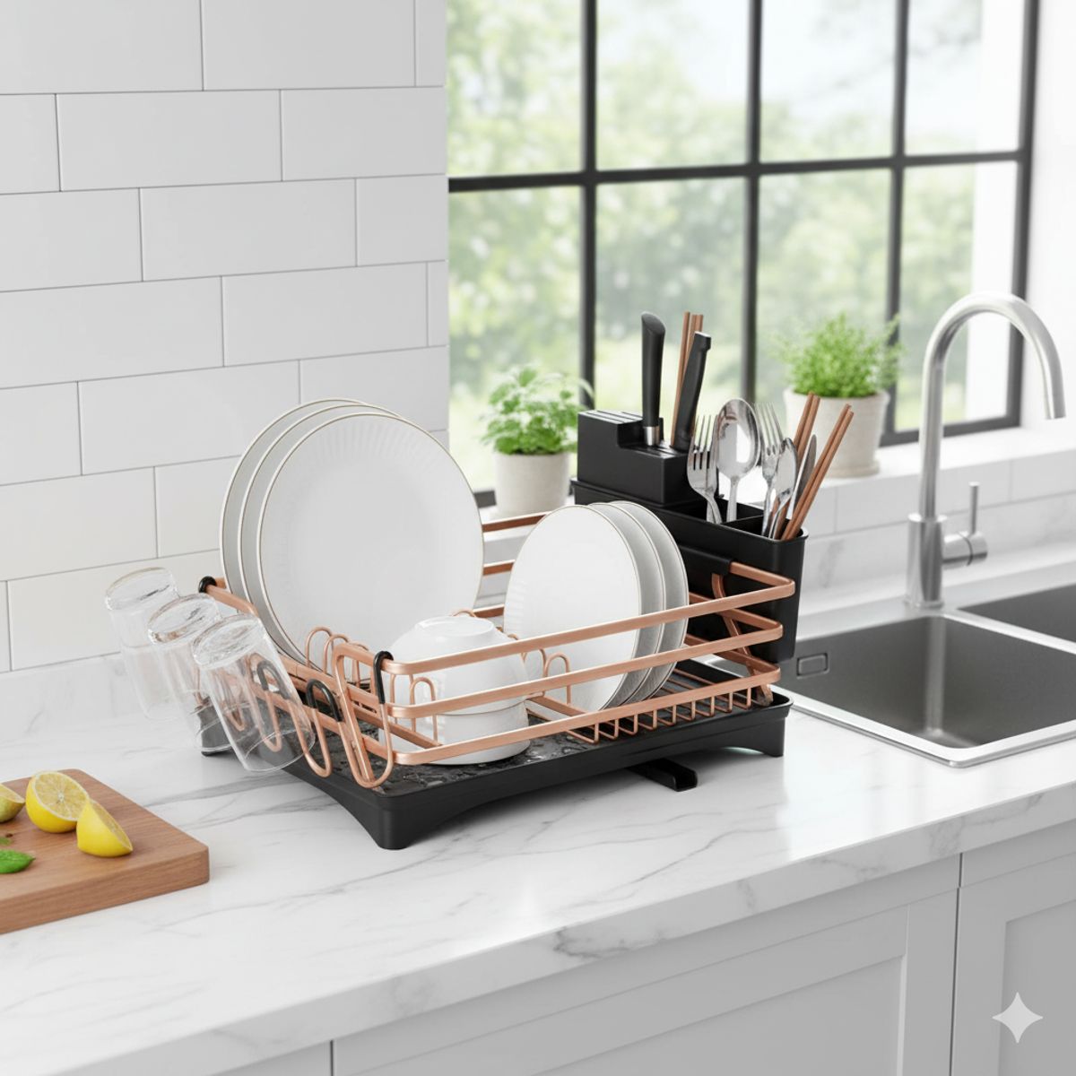 MP - Secador De Platos Platera Moderna De Aluminio Escurridor Inoxidable Con Secavasos y Cubiertero