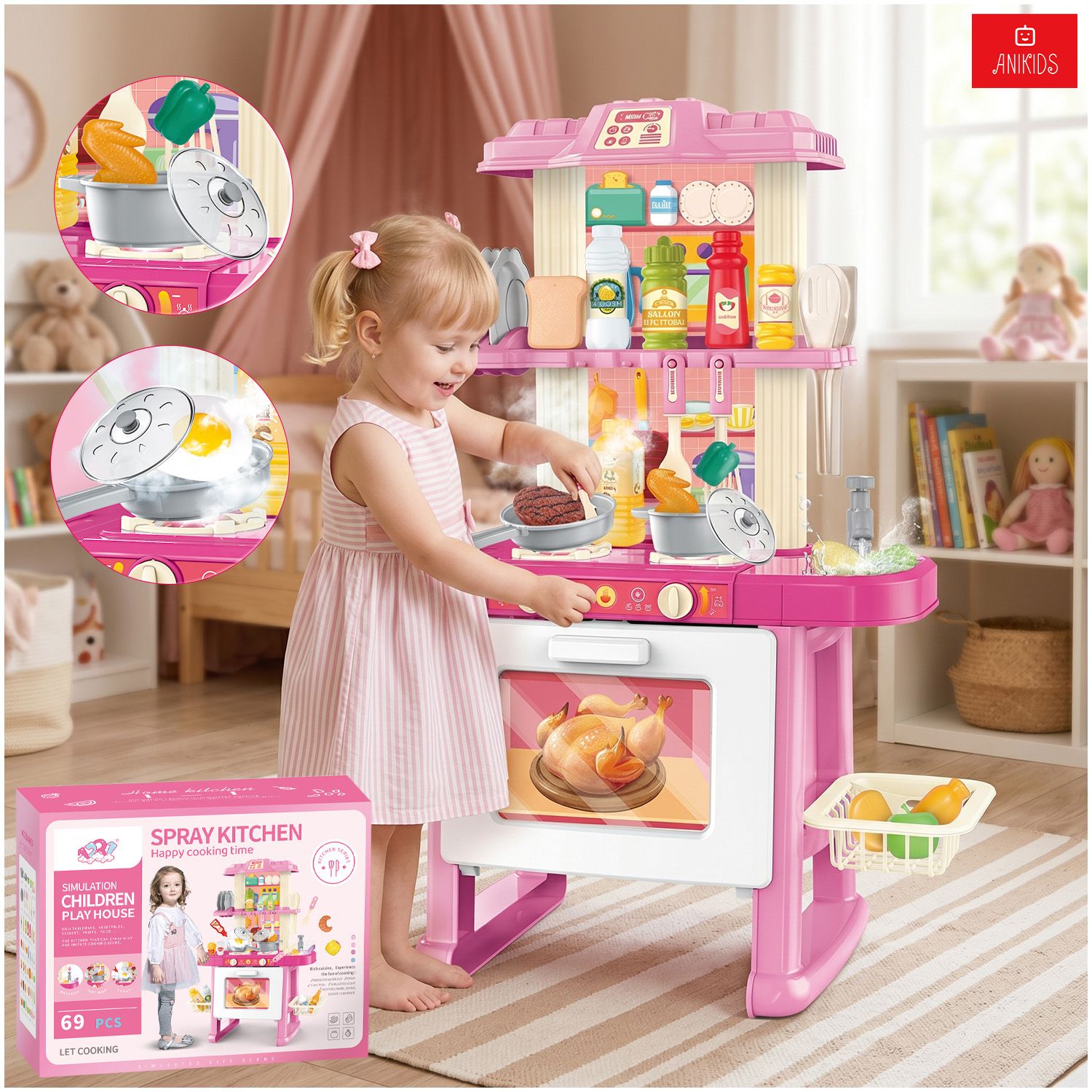 ANIKIDS Cocina De Juguete Grande 69pcs Niños Luz Sonido 71cm