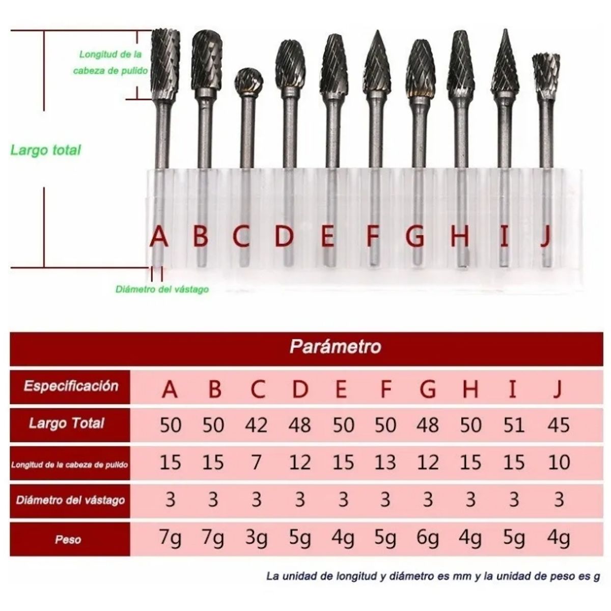 GENERICO - Set 10 Fresas Carburo-tungsteno Vástago 3mm = 1/8 Dremel
