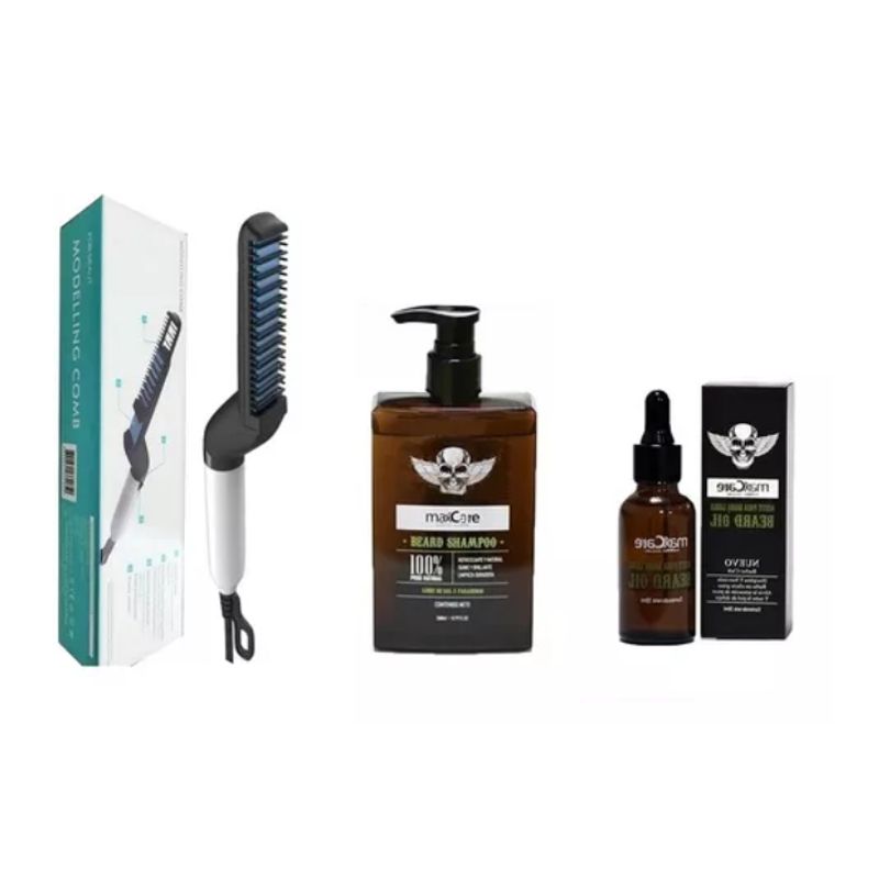 GENERICO - Cepillo Alisador Hombre + Shampoo De Barba + Aceite Barba