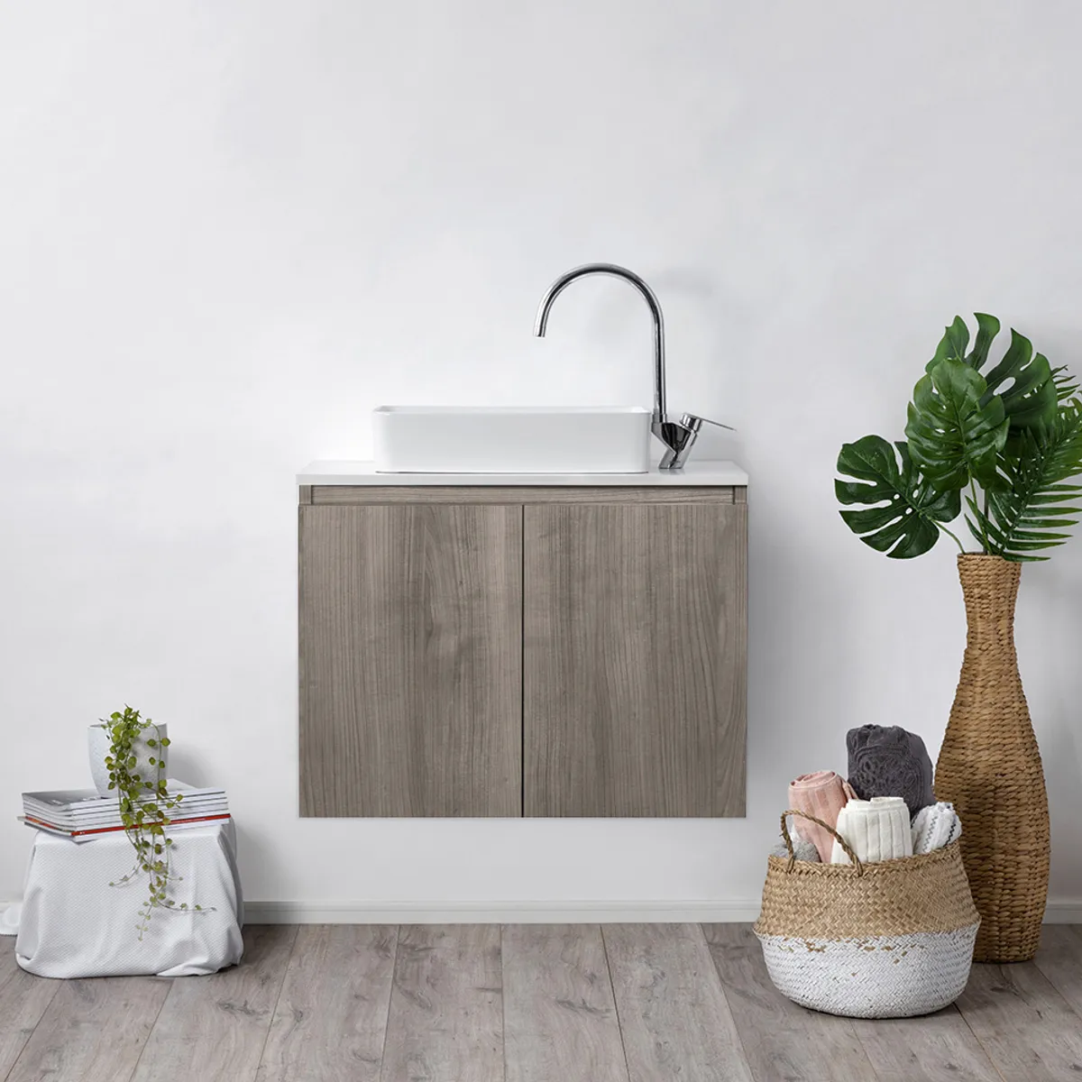 STRETTO - Mueble de Baño Completo Ermes Lenga con sobre cubierta rectangular 80x46 cm