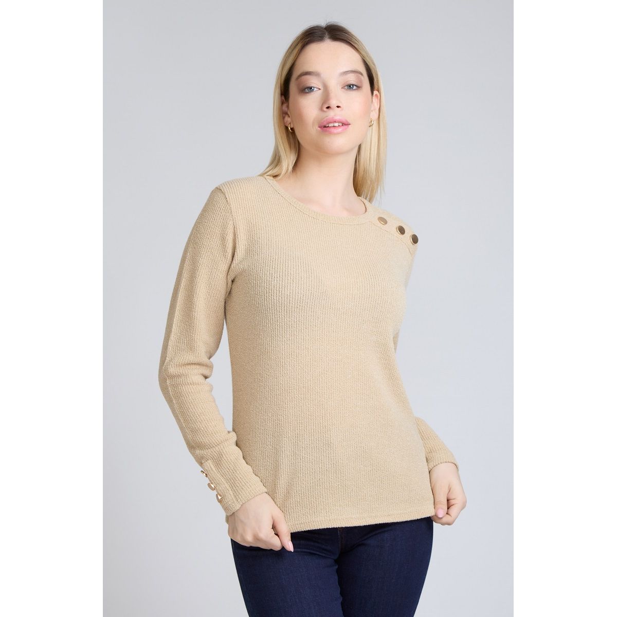 TENTATION - Polera Boton Hombro Beige Tentation