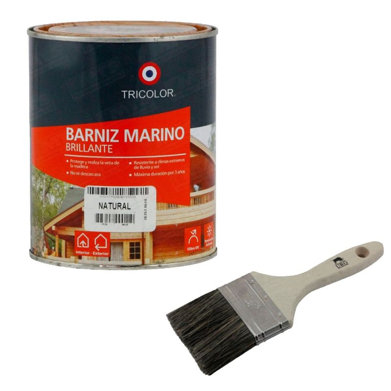 TRICOLOR - Brocha 3”+Barniz Marino Natural Tricomar 1/4 galón Tricolor