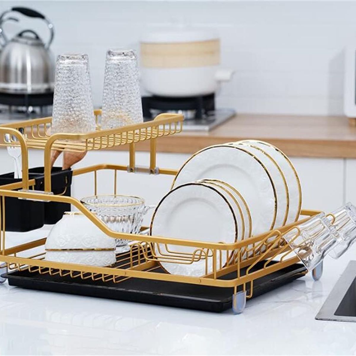 MP - Secaplatos De Aluminio Antioxidante 2 Niveles con secavasos y cubiertero