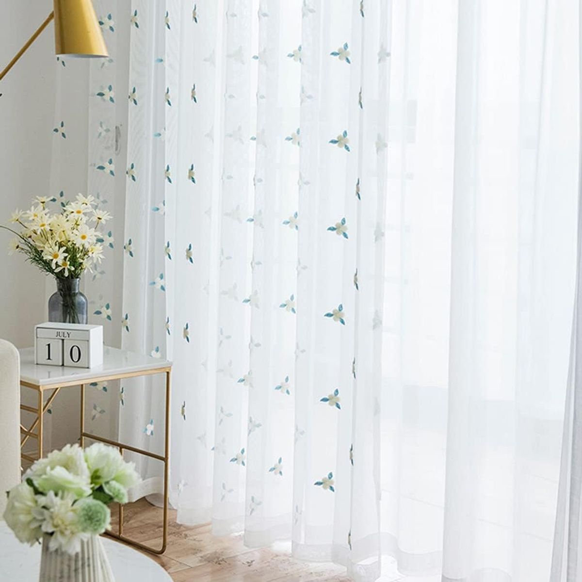 GENERICO - Cortina Visillos Bordados Con Argollas Con Diseño Flor