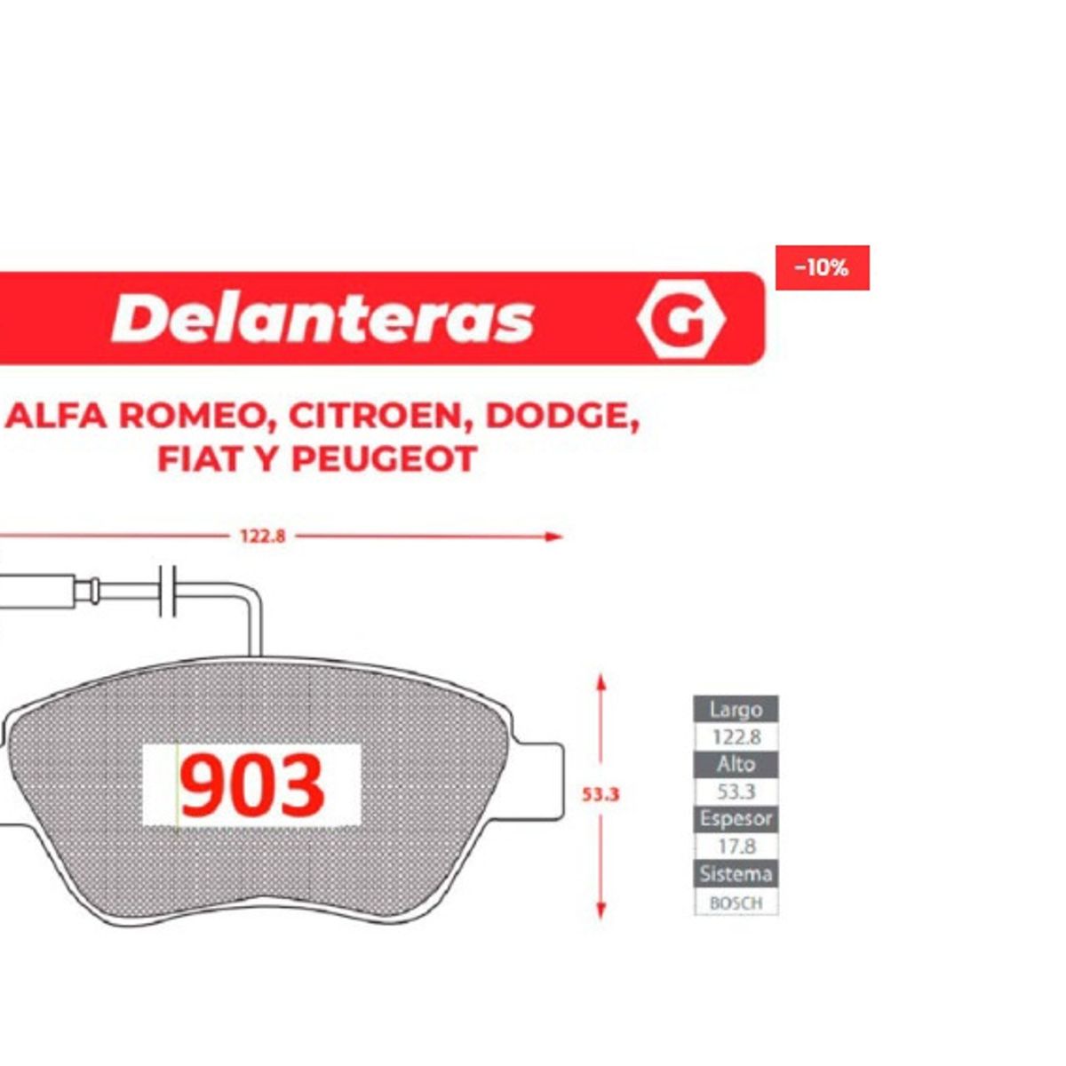 GENERICO - Pastillas de Freno - Alfa Romeo - Dodge - Citroen - Fiat - Peugeot - Gtx Premium Plus