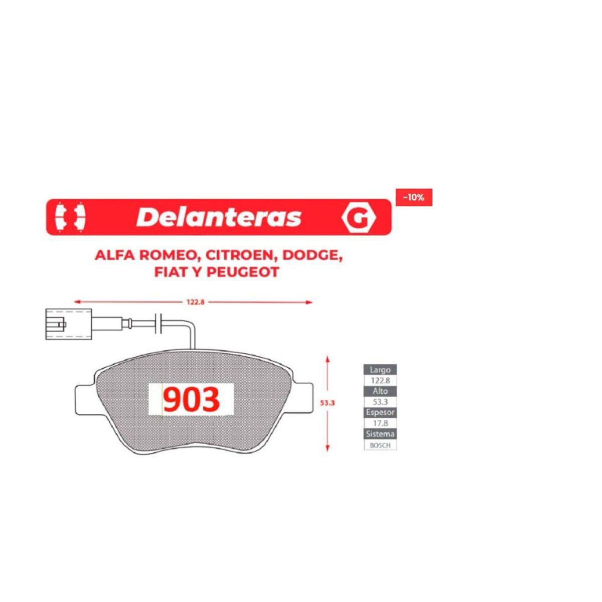 GENERICO - Pastillas de Freno - Alfa Romeo - Dodge - Citroen - Fiat - Peugeot - Gtx Premium Plus