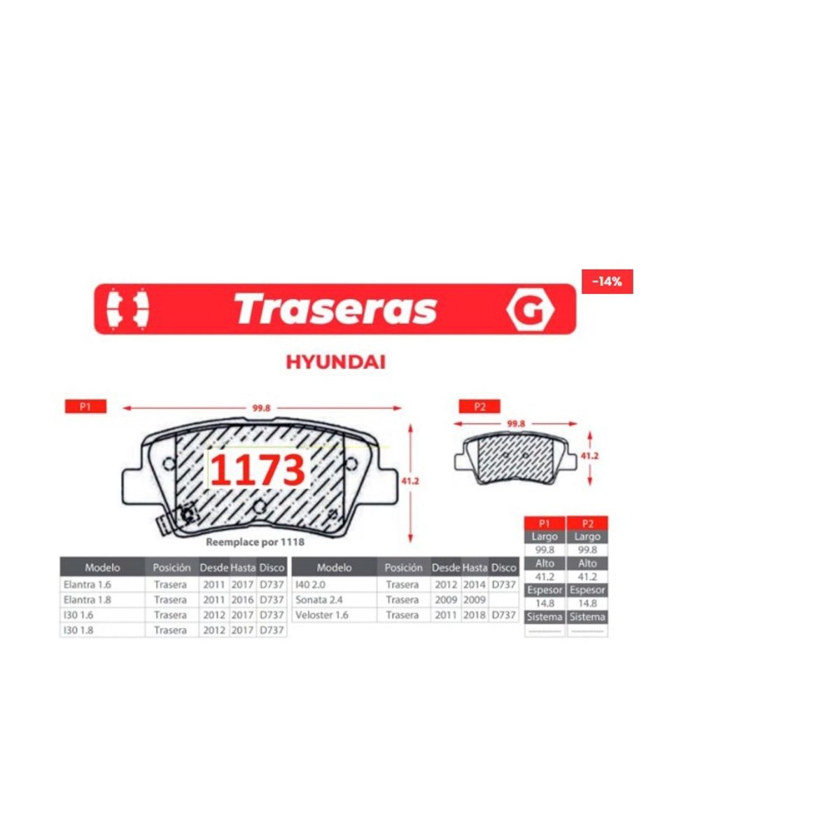 GENERICO - Pastillas de Freno - Hyundai - Gtx Premium Plus