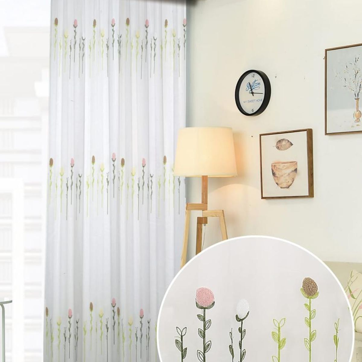 GENERICO - Cortina Visillos Bordados Con Argollas ROMANTICAS 140X230CM  tf