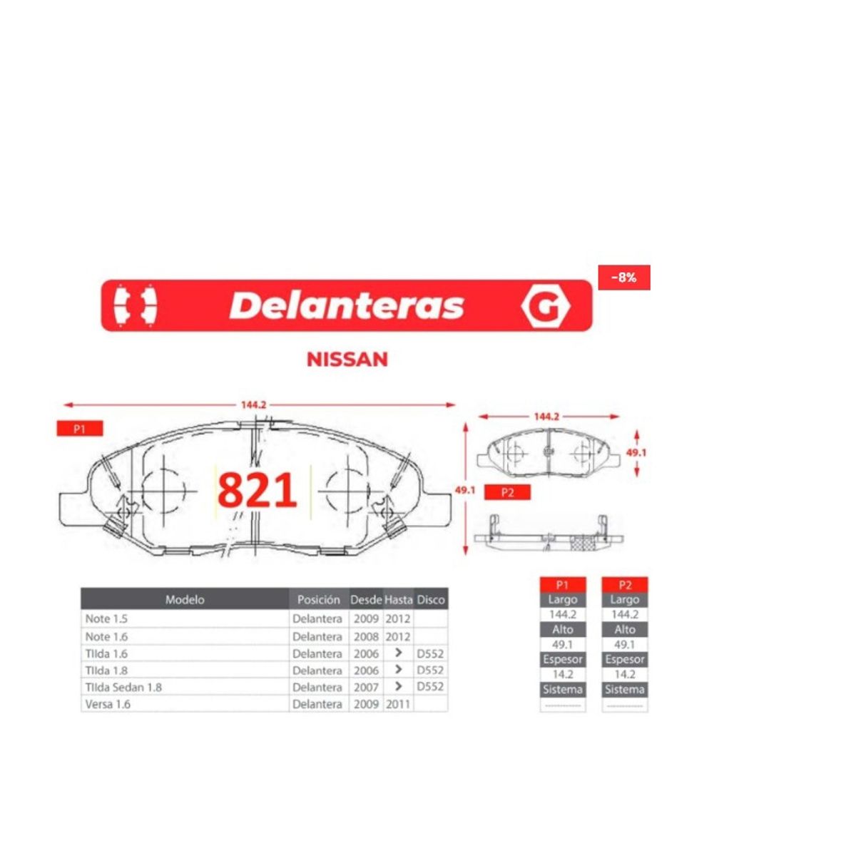 GENERICO - Pastillas de Freno - Nissan Tiida - Note - Versa - Gtx Premium Plus
