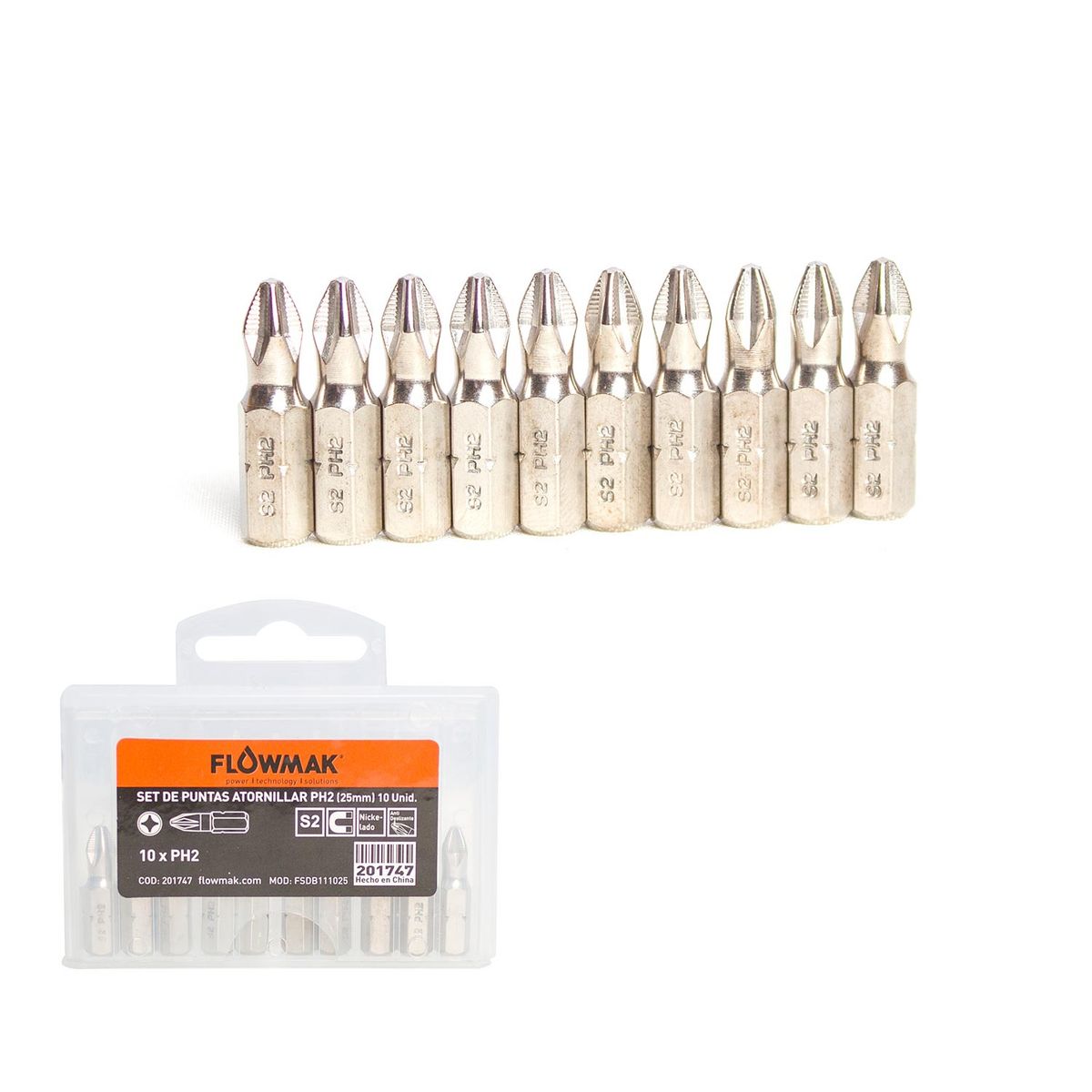FLOWMAK - Set de puntas tornillador S2PH2-25MM 10 piezas