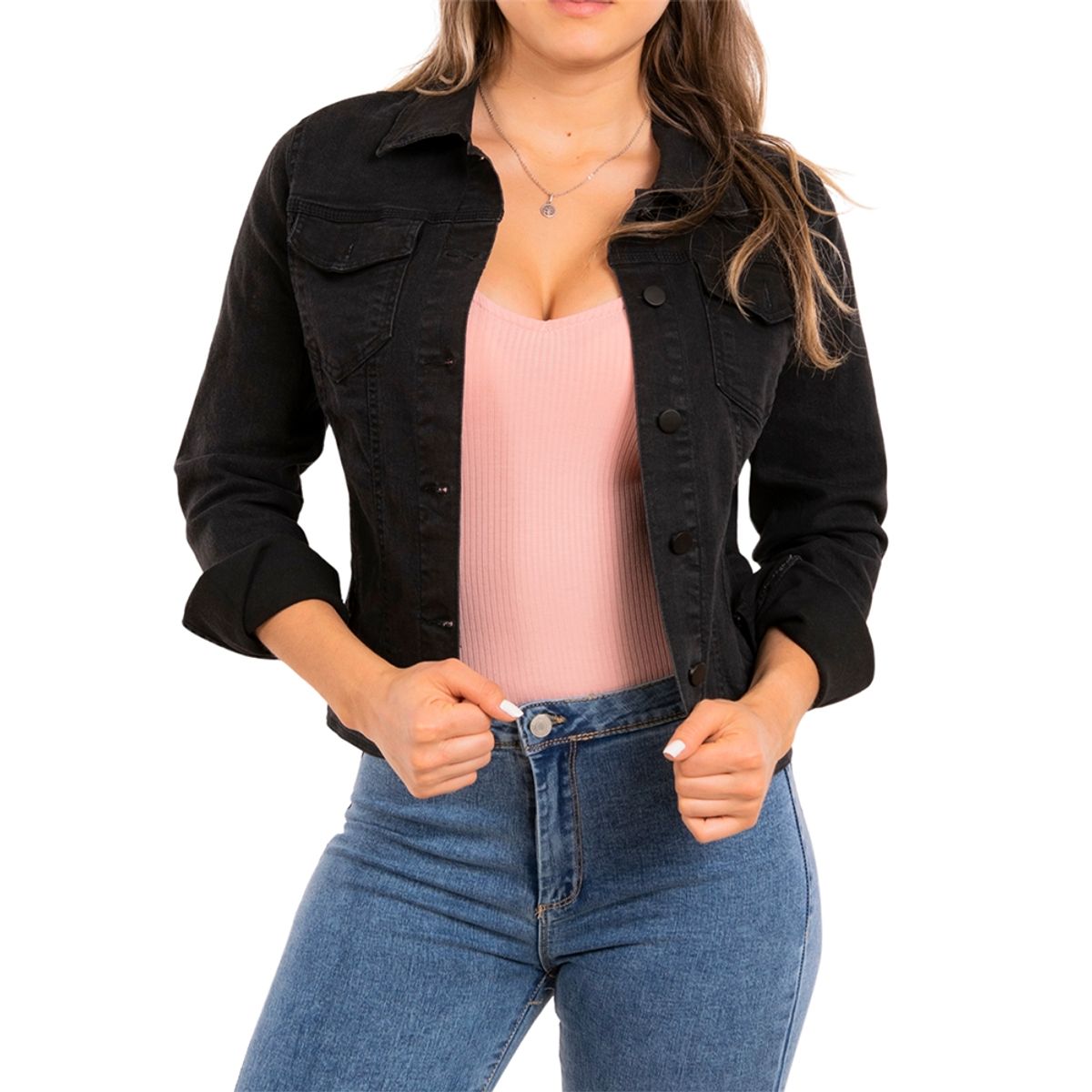 HIPSY - Chaqueta Mezclilla Mujer Negro elasticada