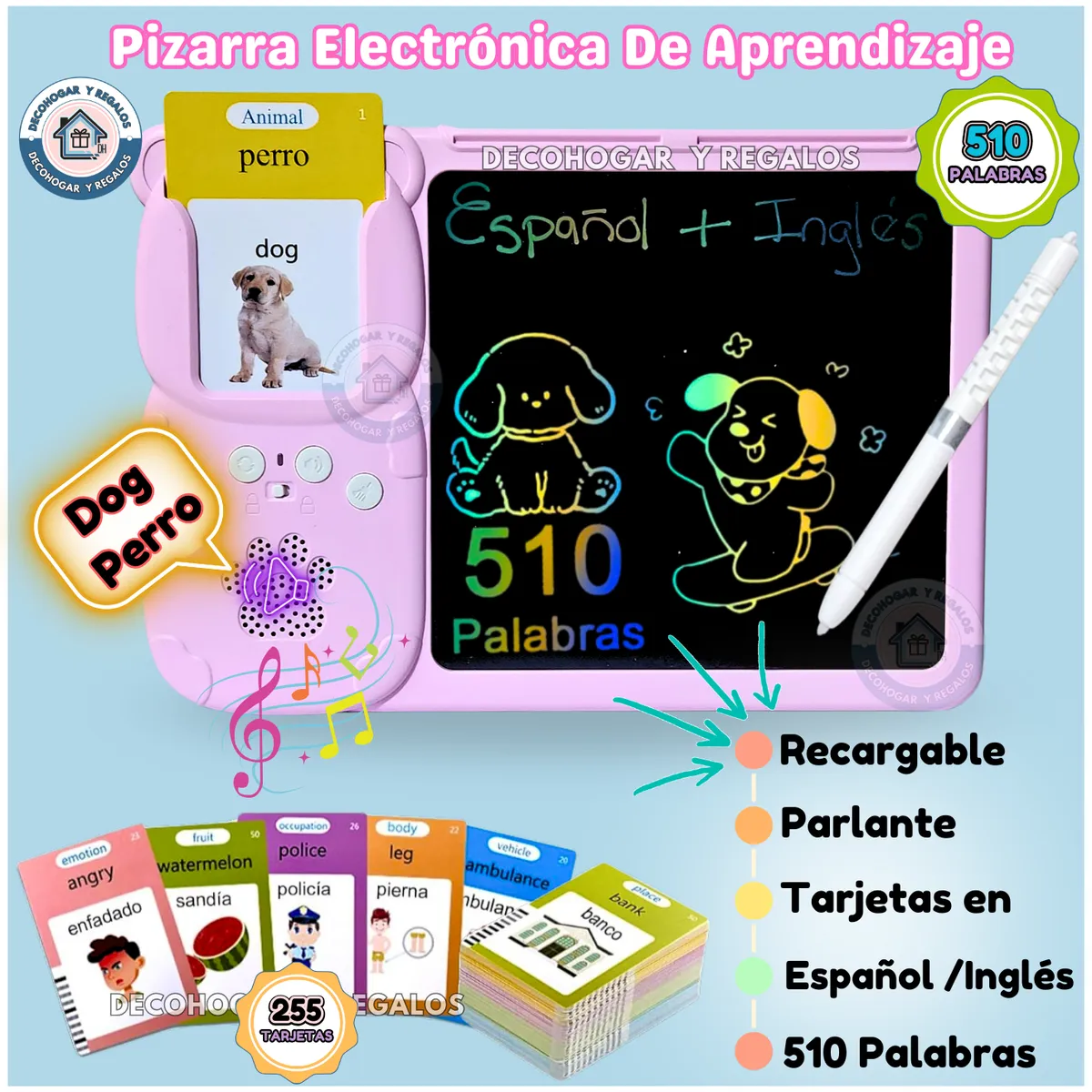 GENERICO - Juguete Pizarra Didáctica Tarjetas de Aprendizaje Niños 510 Palabras