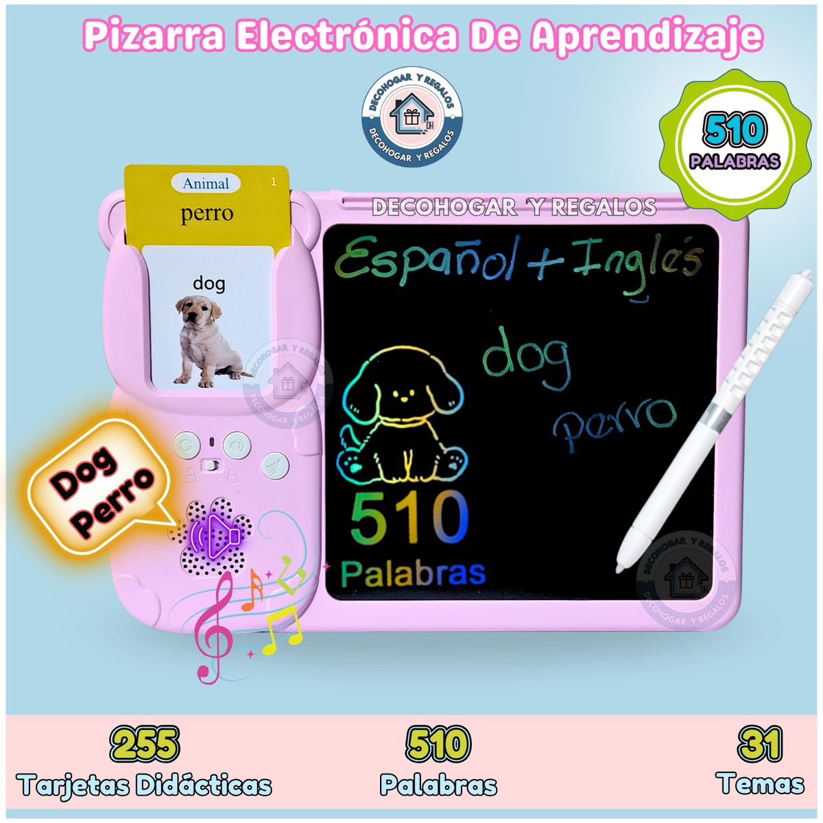 GENERICO - Juguete Pizarra Didáctica Tarjetas de Aprendizaje Niños 510 Palabras