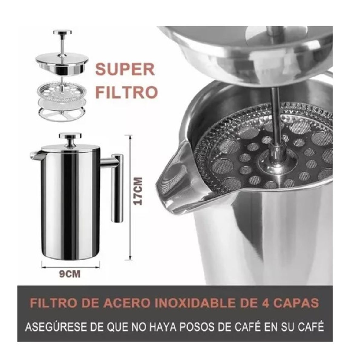 GENERICO - Cafetera De Prensa Francesa De Acero Inoxidable, 800 Ml
