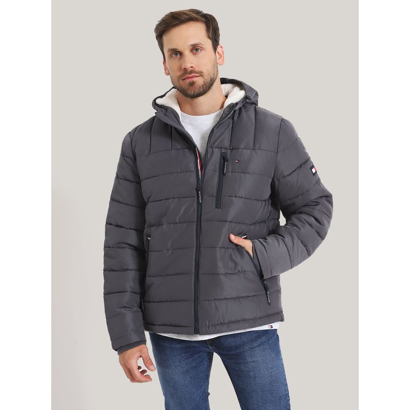 TOMMY HILFIGER - Parka Hoodie Quilted Con Logo Gris Tommy Hilfiger