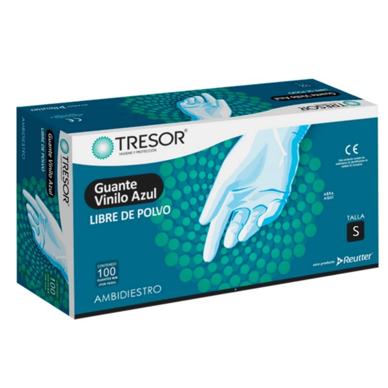 REUTTER - Guantes Vinilo Azul Sin Polvo Tresor Caja 100 Un - Talla S