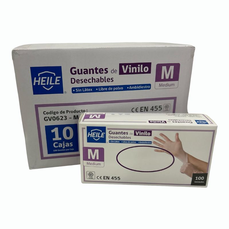 GENERICO - Pack 10 Cajas Guantes Vinilo Sin Polvo Heile - Talla M