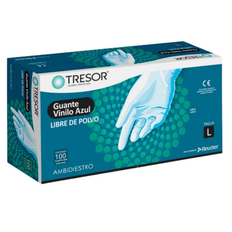 REUTTER - Guantes Vinilo Azul Sin Polvo Tresor Caja 100 Un - Talla L