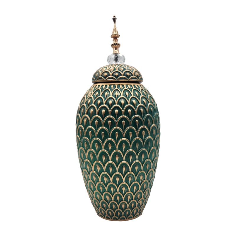 GENERICO - Florero Jarron Ceramica Verde Dorado Diseño Arabe Alargado