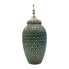 GENERICO - Florero Jarron Ceramica Verde Dorado Diseño Arabe Alargado