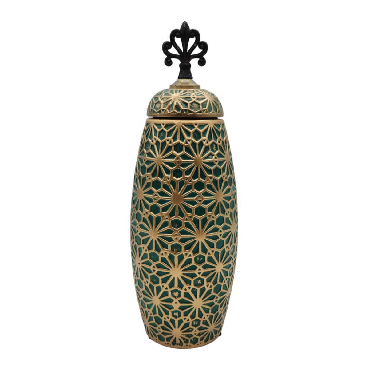GENERICO - Jarron Florero Ceramica Verde Patrones En Dorado Alargado