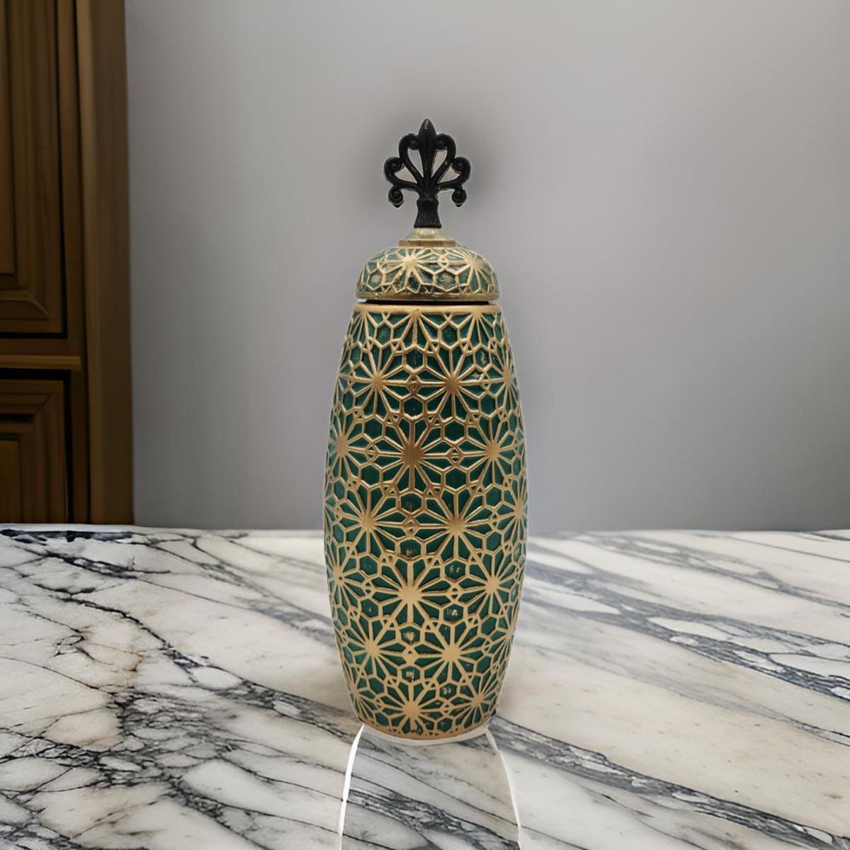 GENERICO - Jarron Florero Ceramica Verde Patrones En Dorado Alargado