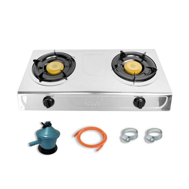 BOKO Cocinilla Encimera A Gas 2 Platos Plateada + KIT de instalacion