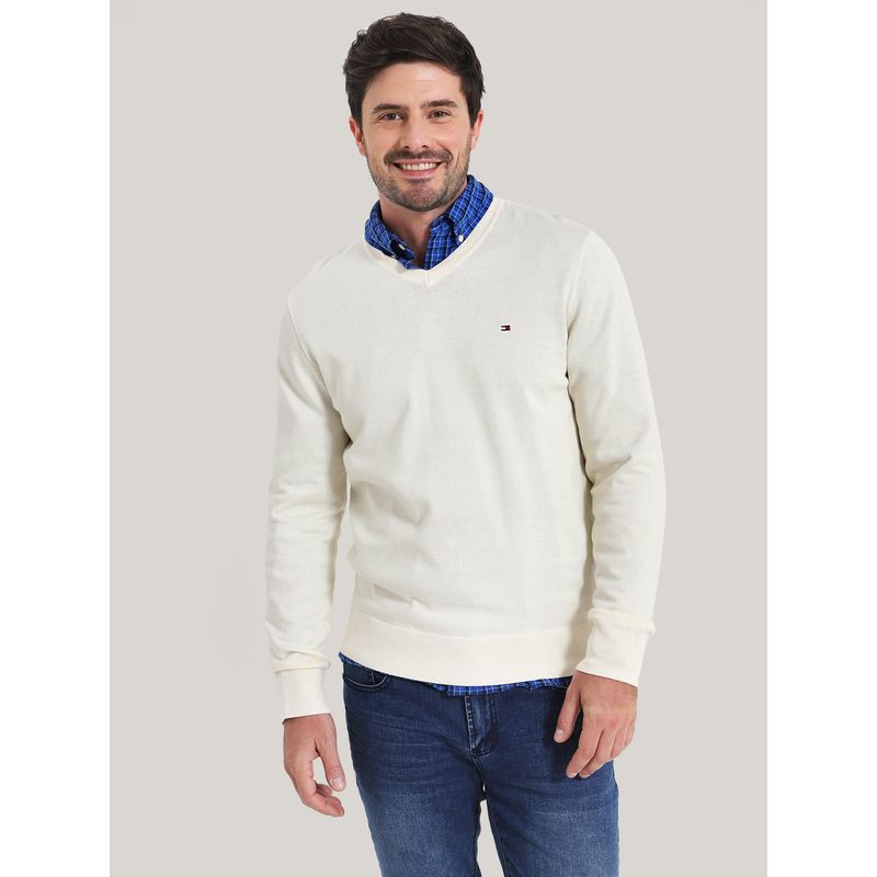 TOMMY HILFIGER - SWEATER BÁSICO SIGNATURE V-NECK BLANCO TOMMY HILFIGER