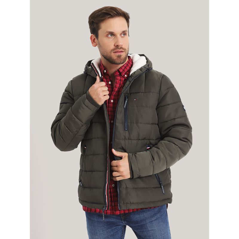 TOMMY HILFIGER - Parka Hoodie Quilted Con Logo Verde Tommy Hilfiger