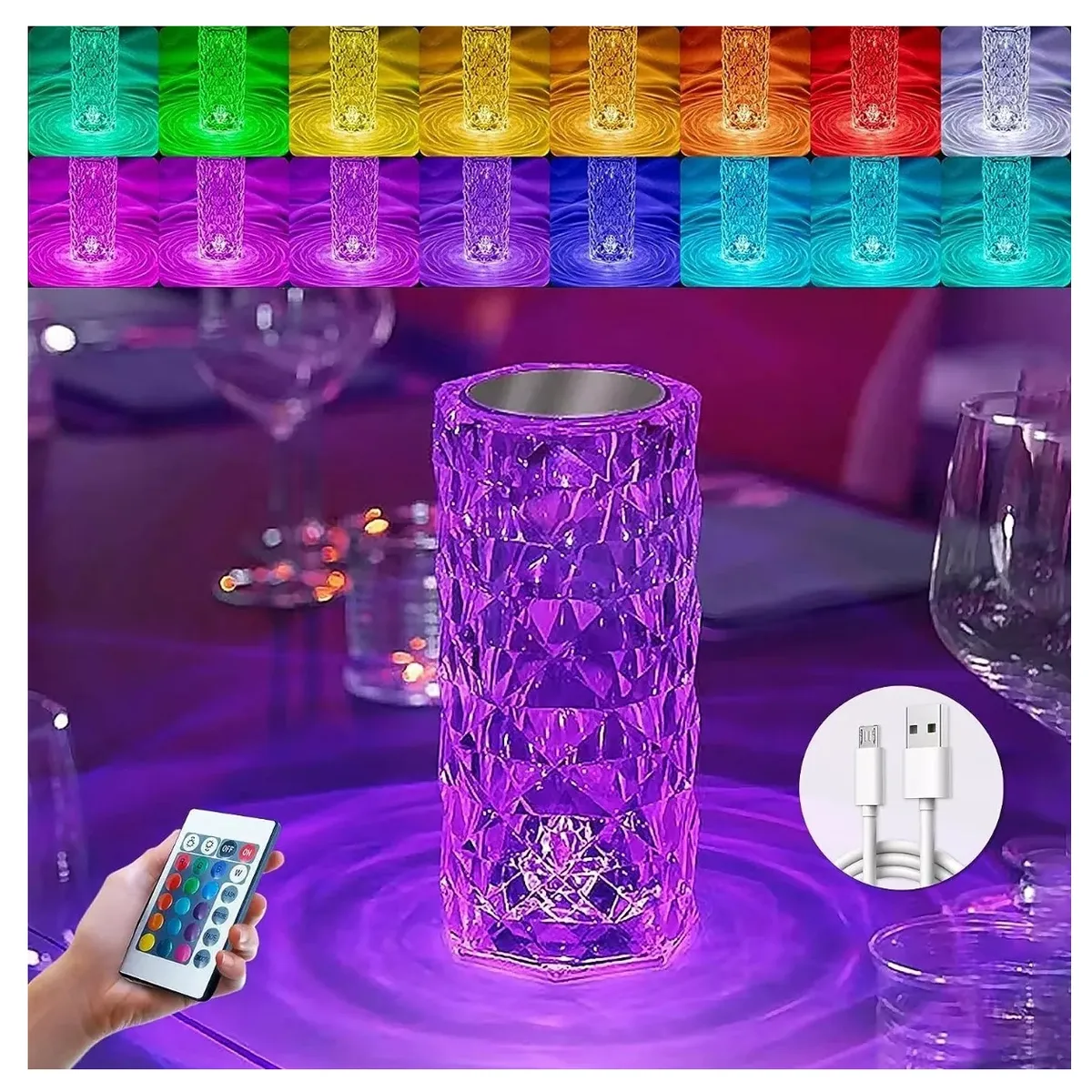 GENERICO - Lámpara De Mesa De Cristal Control Táctil Luz De Noche 16 colores