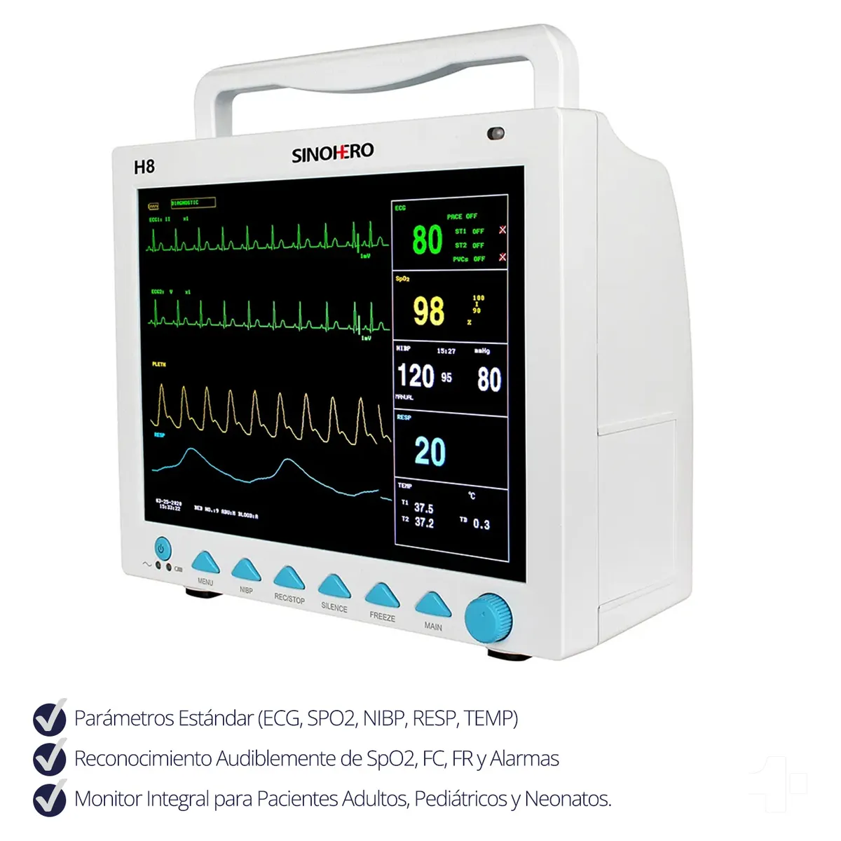 SINOHERO - Monitor Multiparámetro Sinohero H8 12.1” TFT ECG SpO2 NIBP Adulto Pediátrico Neonatal