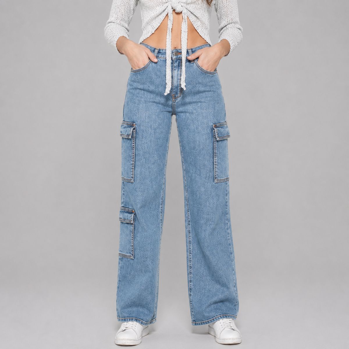 MOMCHIC - Jeans Cargo Azul Bolsillos