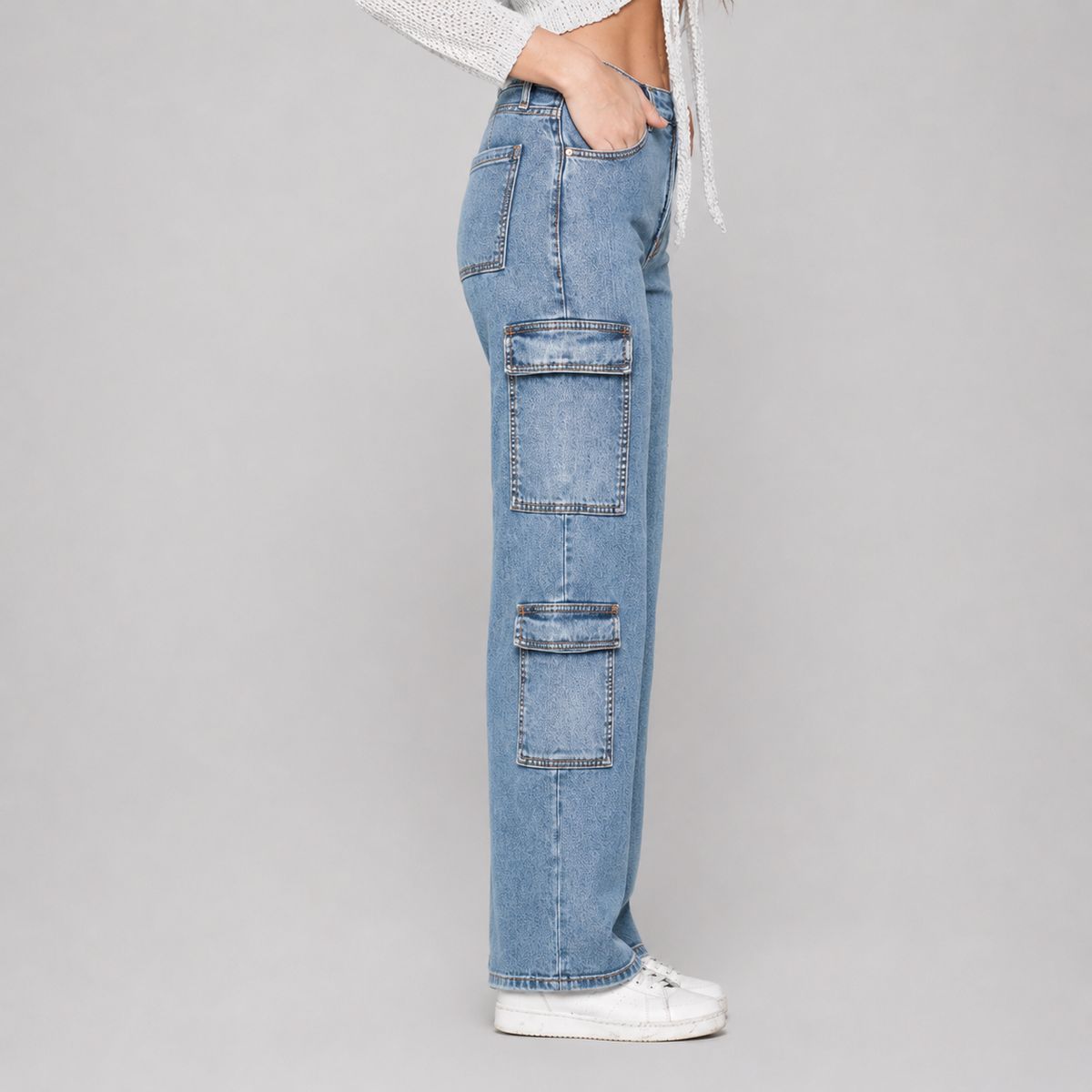 MOMCHIC - Jeans Cargo Azul Bolsillos