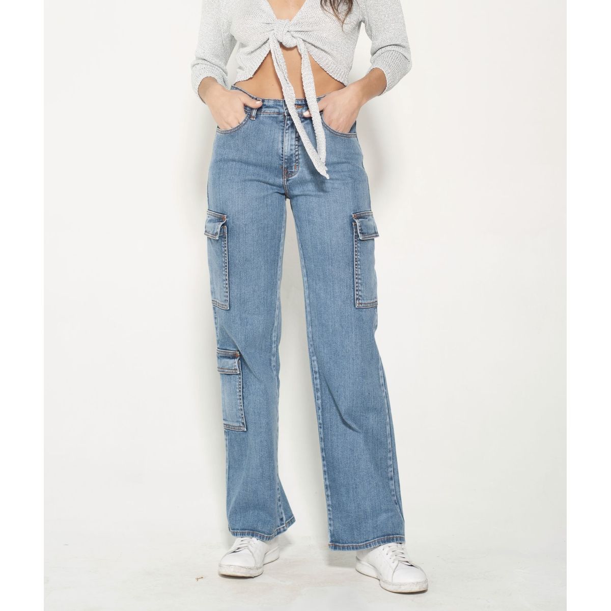 MOMCHIC - Jeans Cargo Azul Bolsillos
