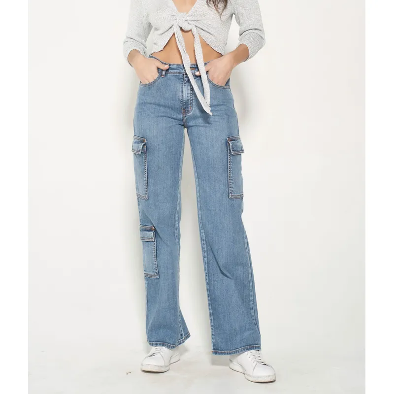 MOMCHIC - Jeans Cargo Azul Bolsillos