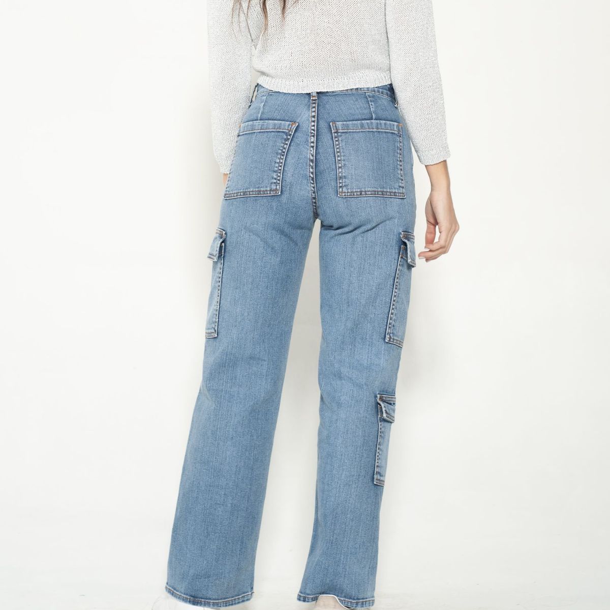 MOMCHIC - Jeans Cargo Azul Bolsillos