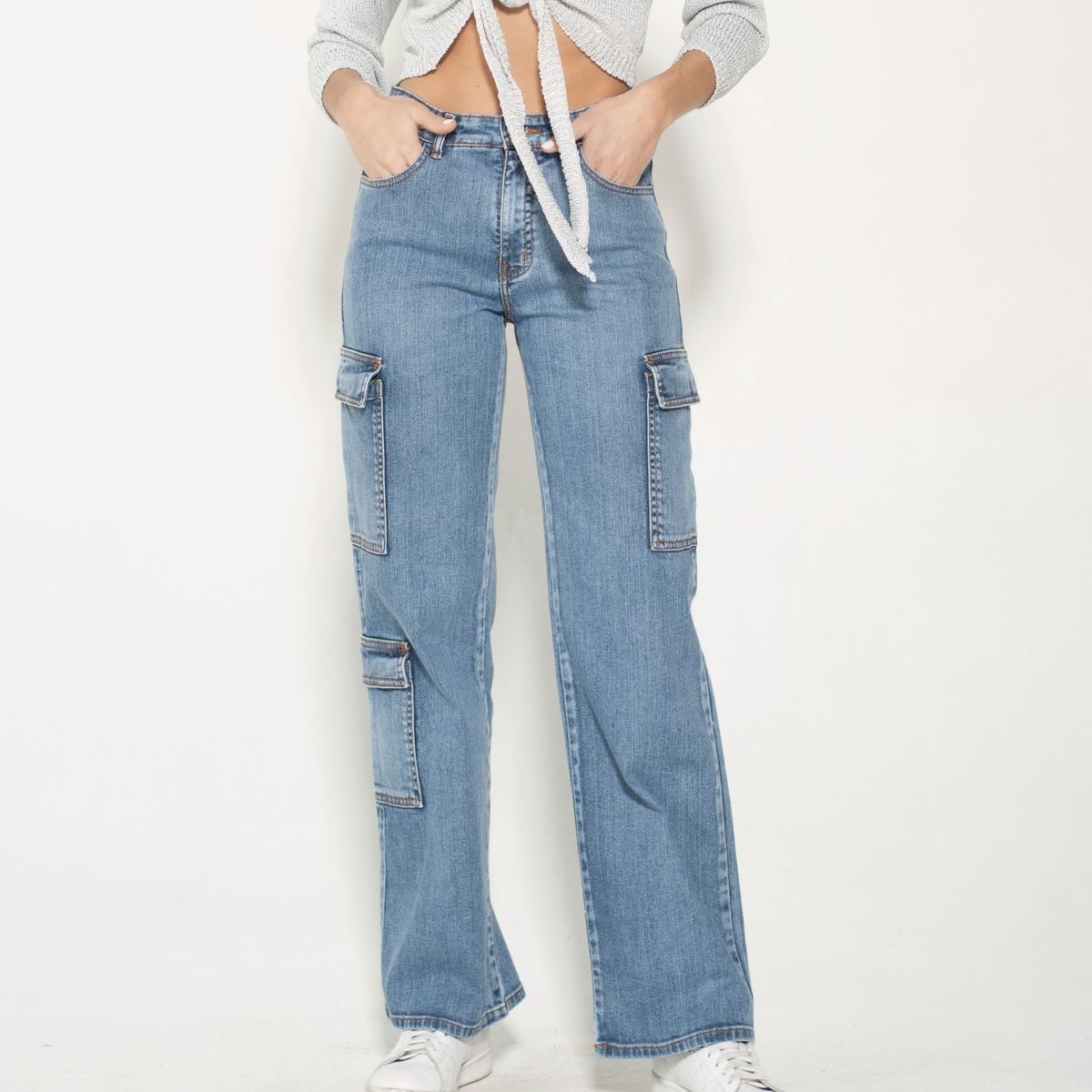MOMCHIC - Jeans Cargo Azul Bolsillos