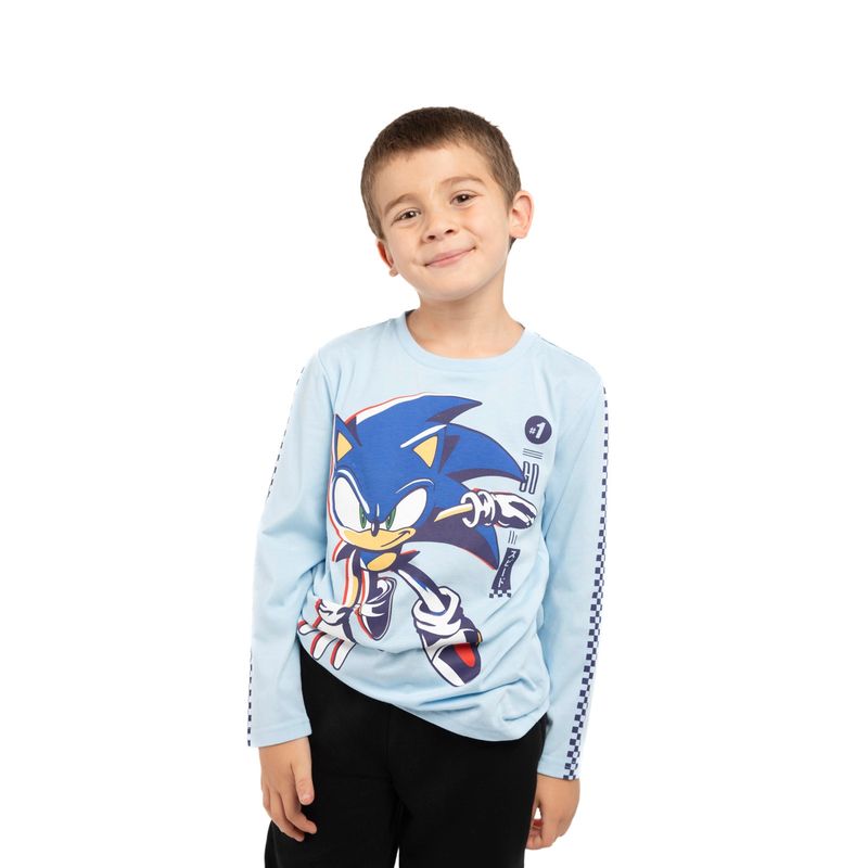 SONIC - Polera Manga Larga Niño Saltando Celeste Sonic