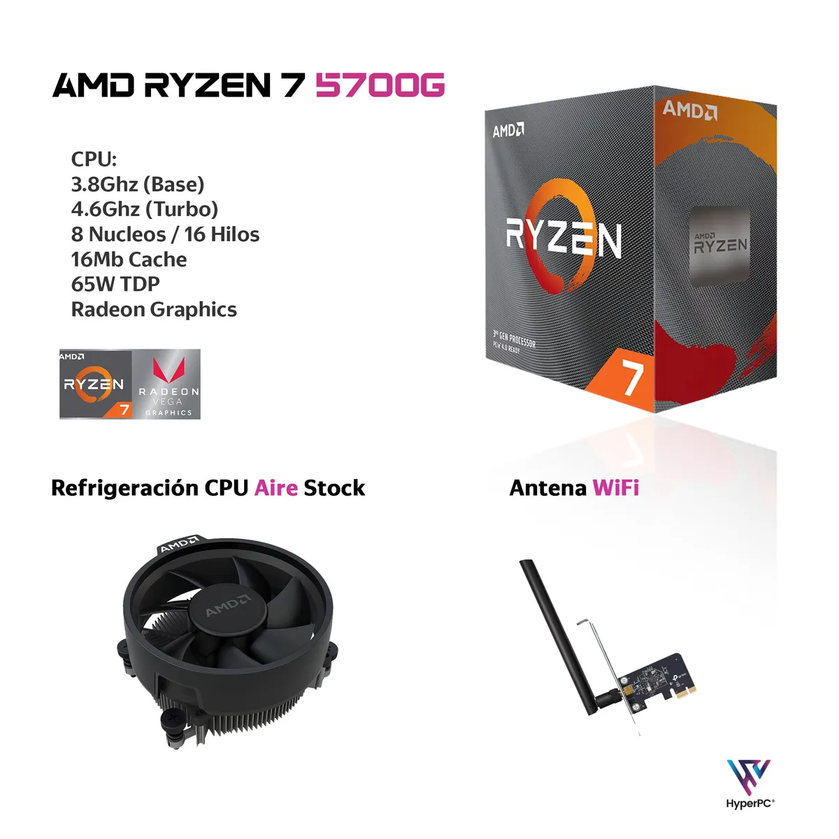 HYPERPC - PC mini + MONITOR 22 + Perif: AMD RYZEN 7 5700G 16Gb 500Gb Vega WiFi