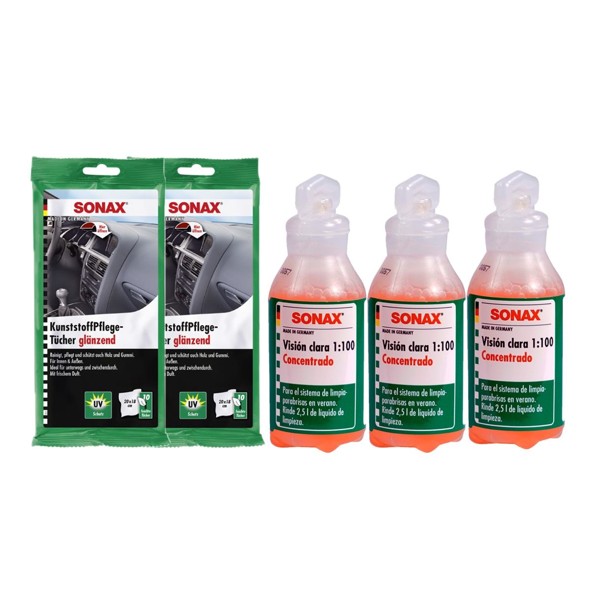 SONAX - Kit Automovil Limpieza Toallitas Humedas + Limpiaparabrisas Sonax