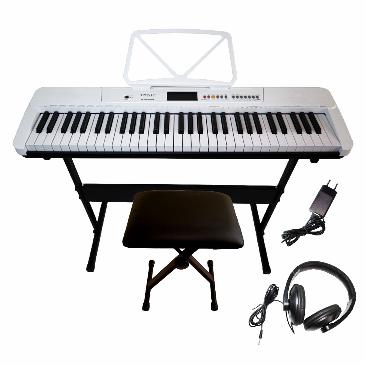 TONIC PIANOS - Teclado Musical Piano 61 Notas +Stand+Silla+Aud WHT Ton 650