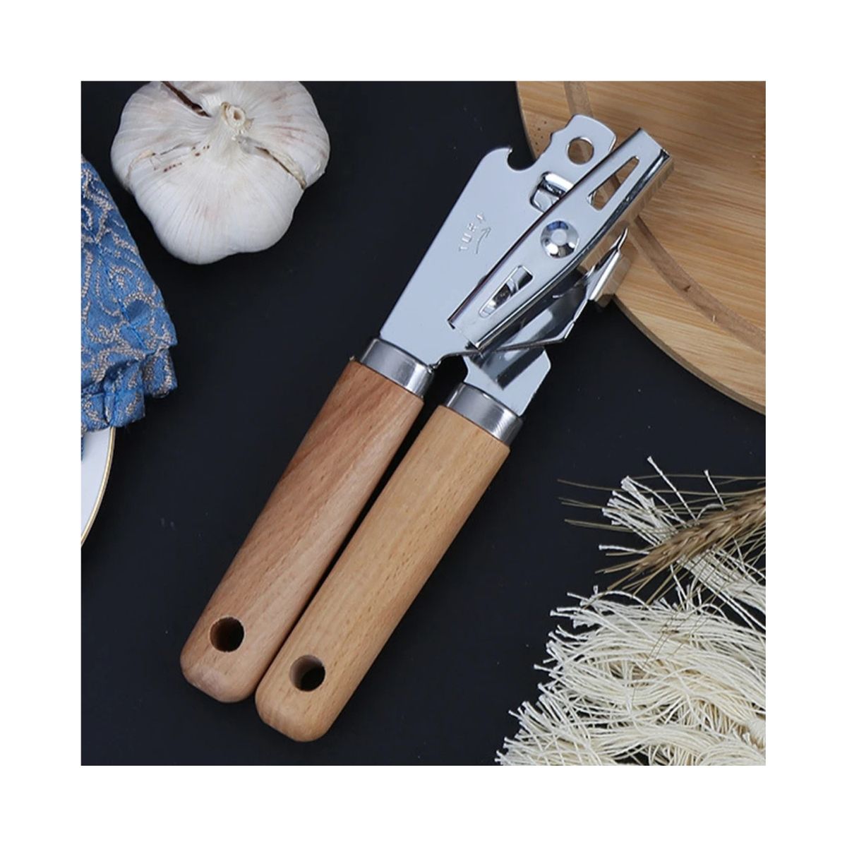 GENERICO - Abrelatas Tipo Mariposa Metalico Mango Madera Con Destapador.