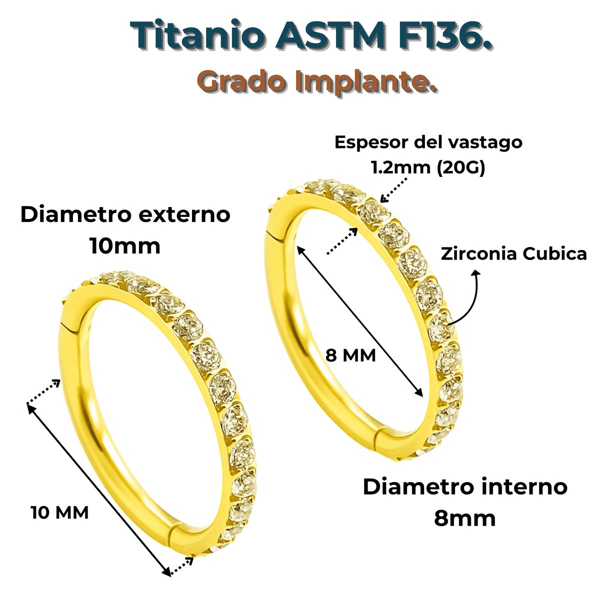 ELBAULDEJUMA - Argollas Huggies 8mm  16g Titanio F136 Zirconia Chapada Oro